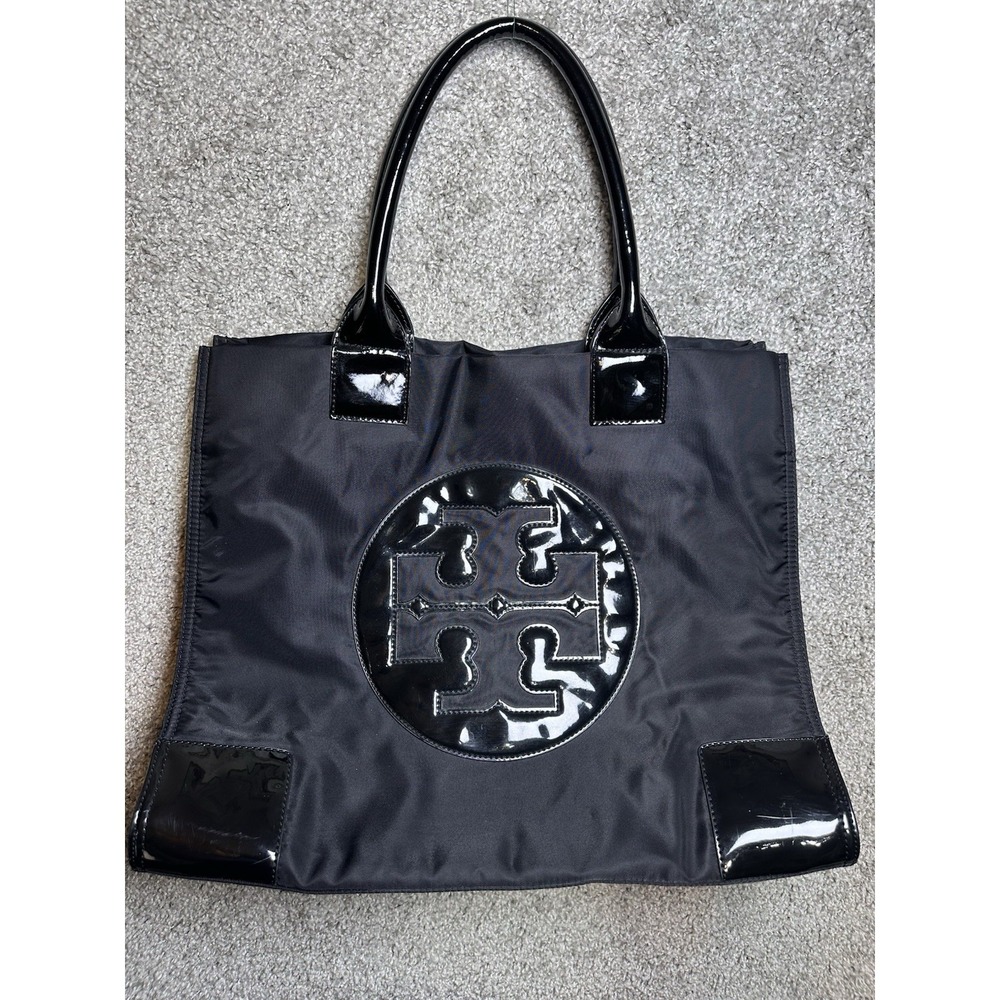 Tory Burch Ella Black Nylon Patent Leather Tote Bag Large‎ Shopper Handbag